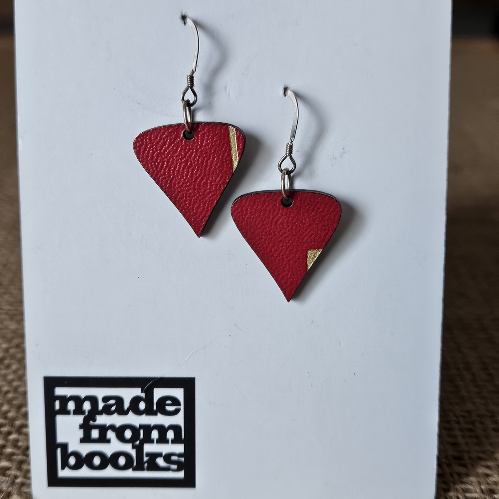 NWT Made From Books Handmade Upcycled Red Triangle Earrings & Sterling Earwire